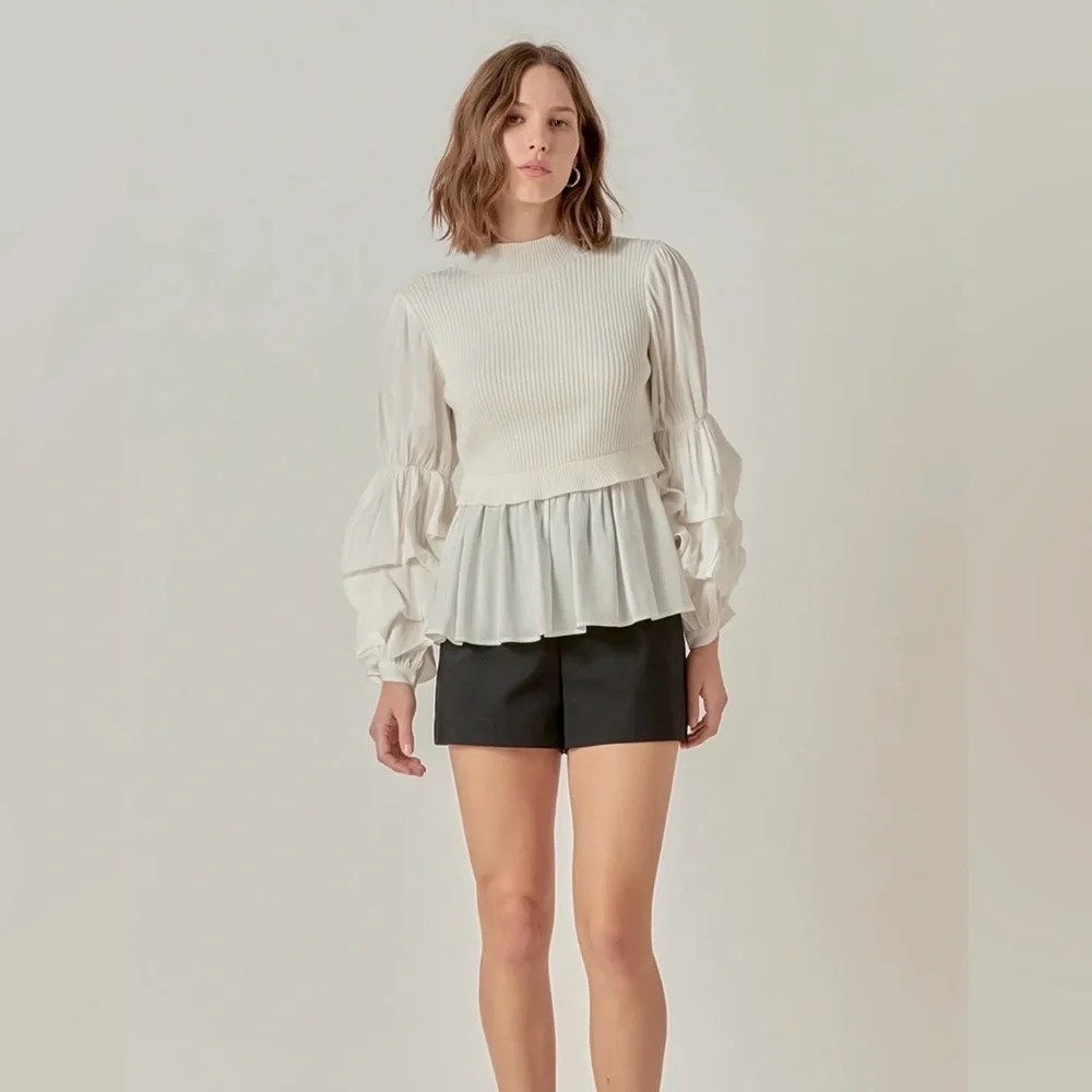 English Factory Puff-Sleeve Twofer Sweater Top Mix Media Dramatic Top Pepplum